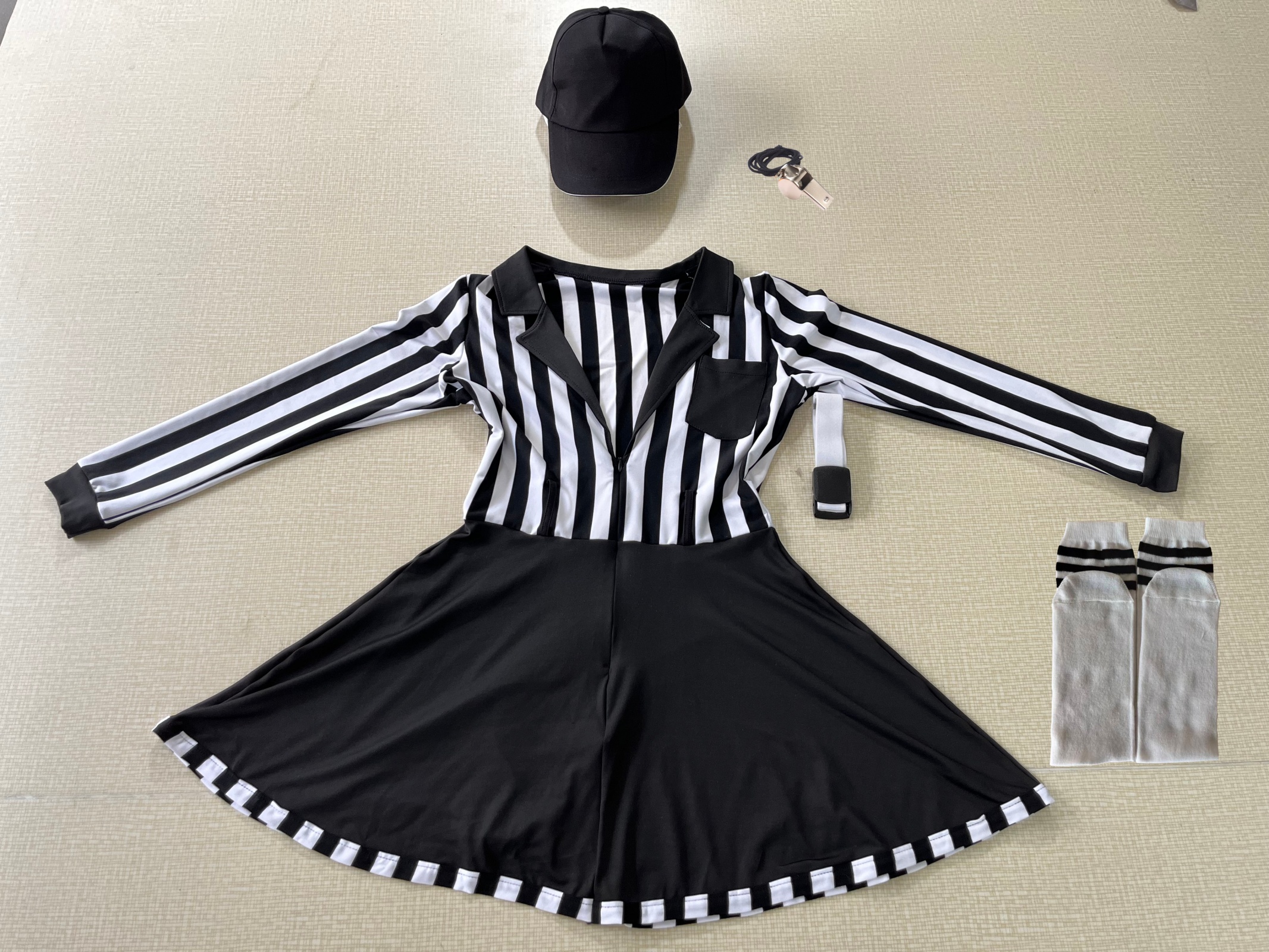 Soccer Referee Cosplay Costume - Women Striped Dress Set with Cap Whistle